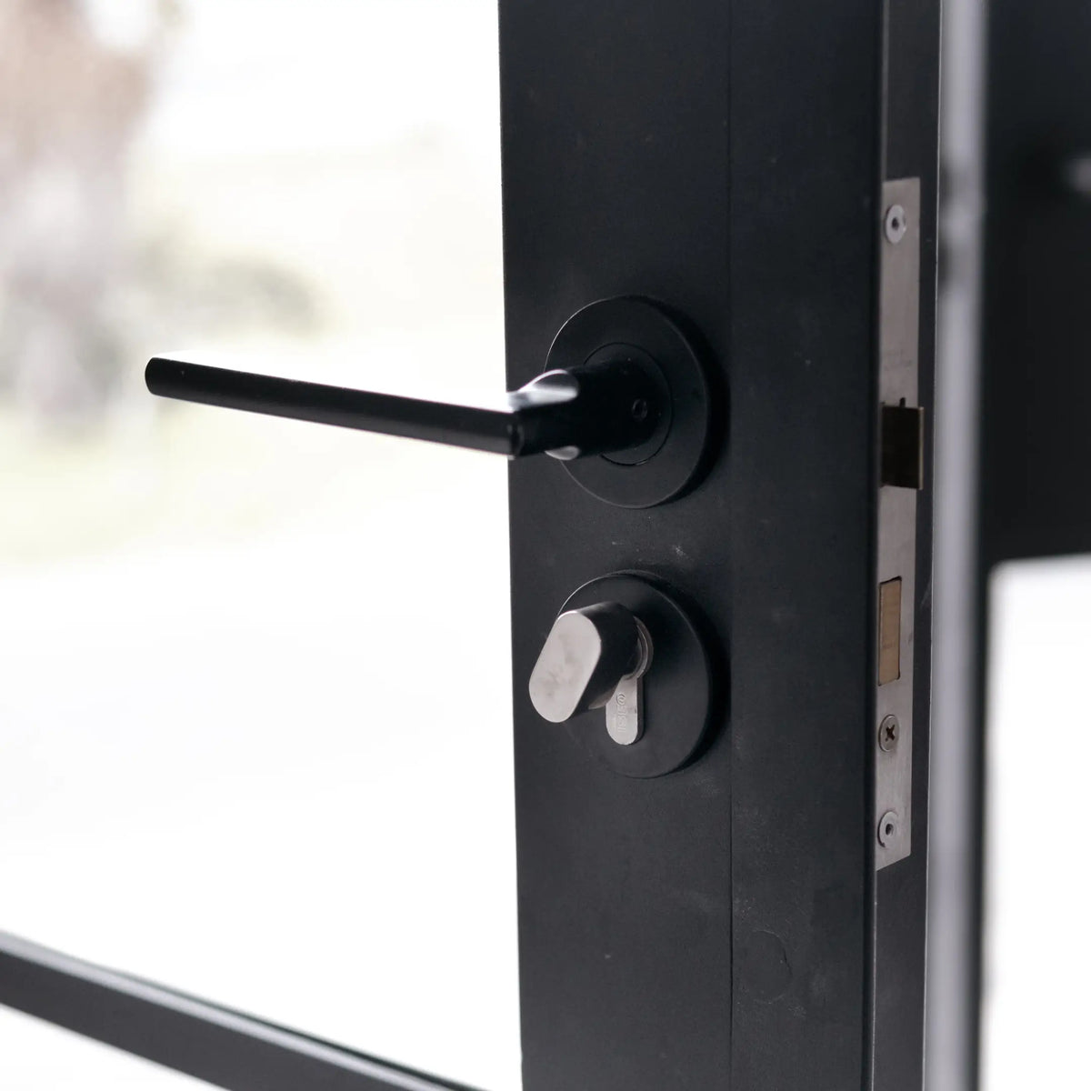 Lever handle, lock cylinder and latch on a steel door